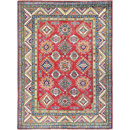 4'10"X6'6" Red Kazak Geometric Pattern Hand Knotted Soft Wool Oriental Rug