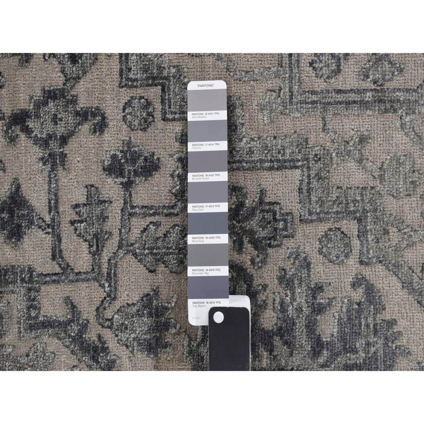 Rug 6'x9'2" Stone Gray Heris Design Wool and Silk Hi-lo Pile Hand Knotted