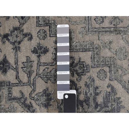 Rug 6'x9'2" Stone Gray Heris Design Wool and Silk Hi-lo Pile Hand Knotted
