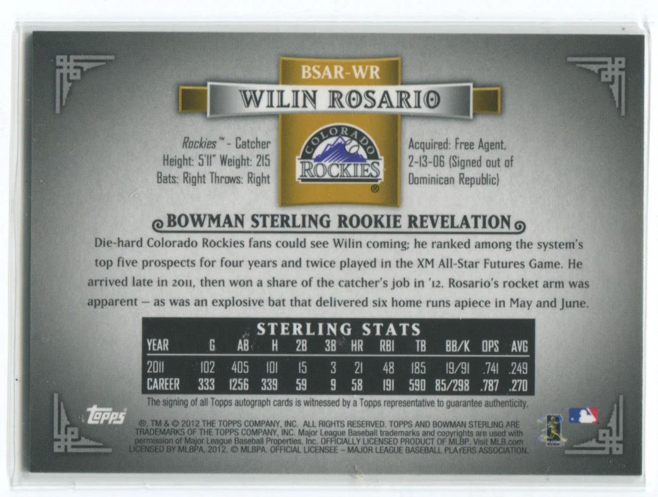 2012 Topps Bowman Sterling #Bsar-Wr Wilin Rosario Autographed Card 20/50