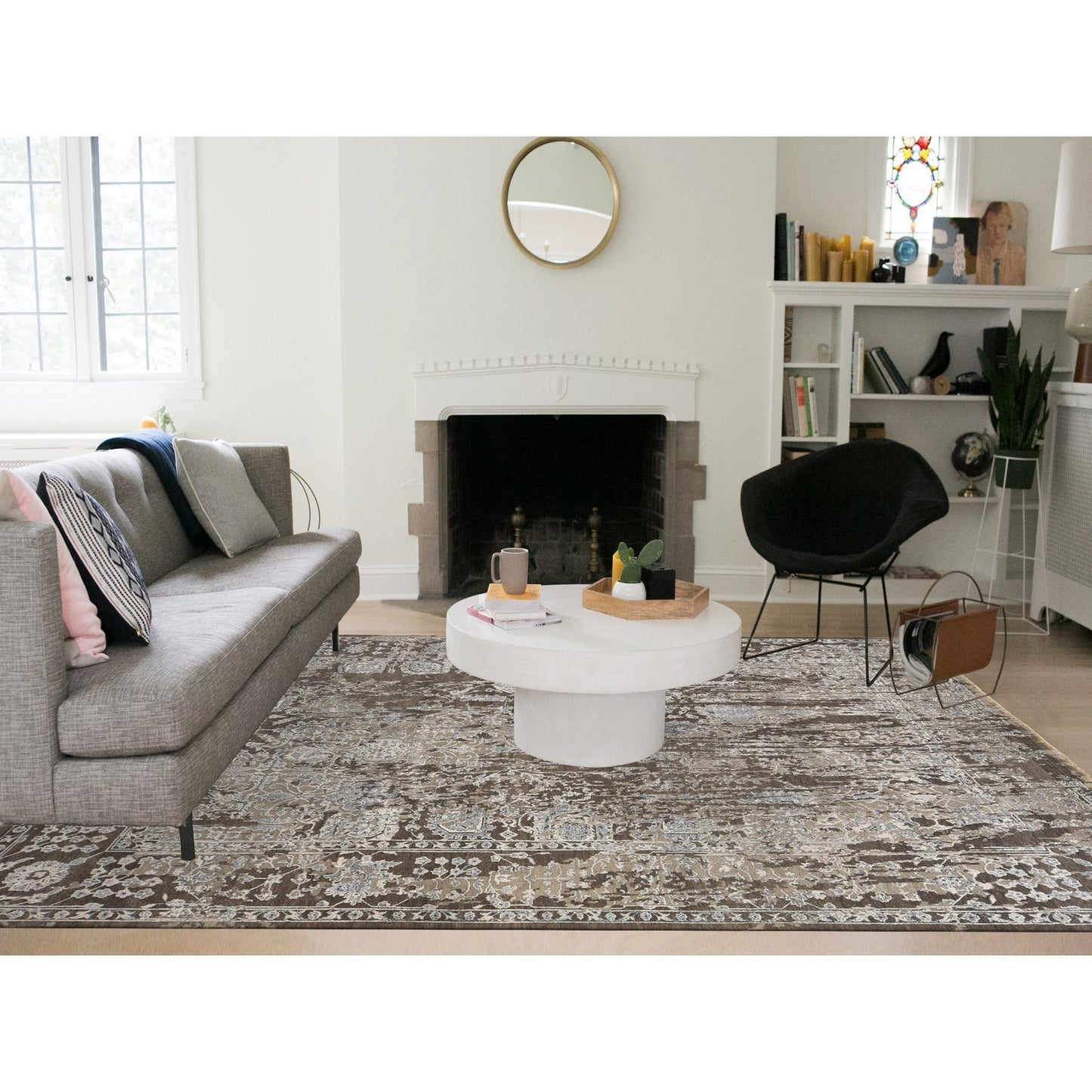 9'1"X11'10" Brown Broken And Erased Flower Blossom Design Oriental Rug