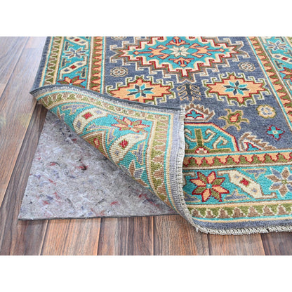 2'8"X4' Purple Kazak Geometric Design Hand Knotted Soft Wool Sample Rug