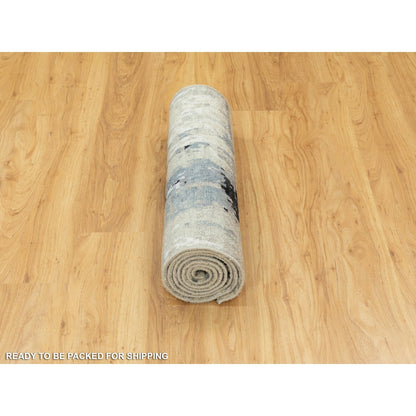 2'6"X7'9" Silver,Blue Wool-Silk Abstract Design Hand Knotted Runner Rug