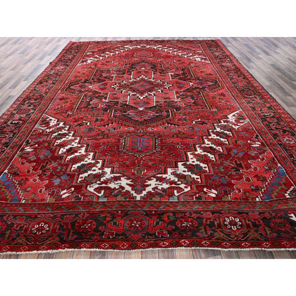 10'1"X12'7" Red Vintage Zoroastrian Heris Hand Knotted Wool Shaved Low Rug