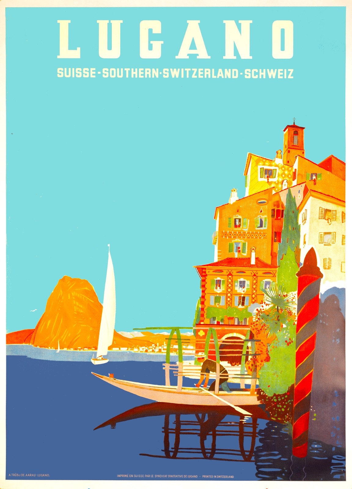 Lugano Original Authentic 1950 Swiss Travel Poster By Daniel Buzzi On Linen Exce