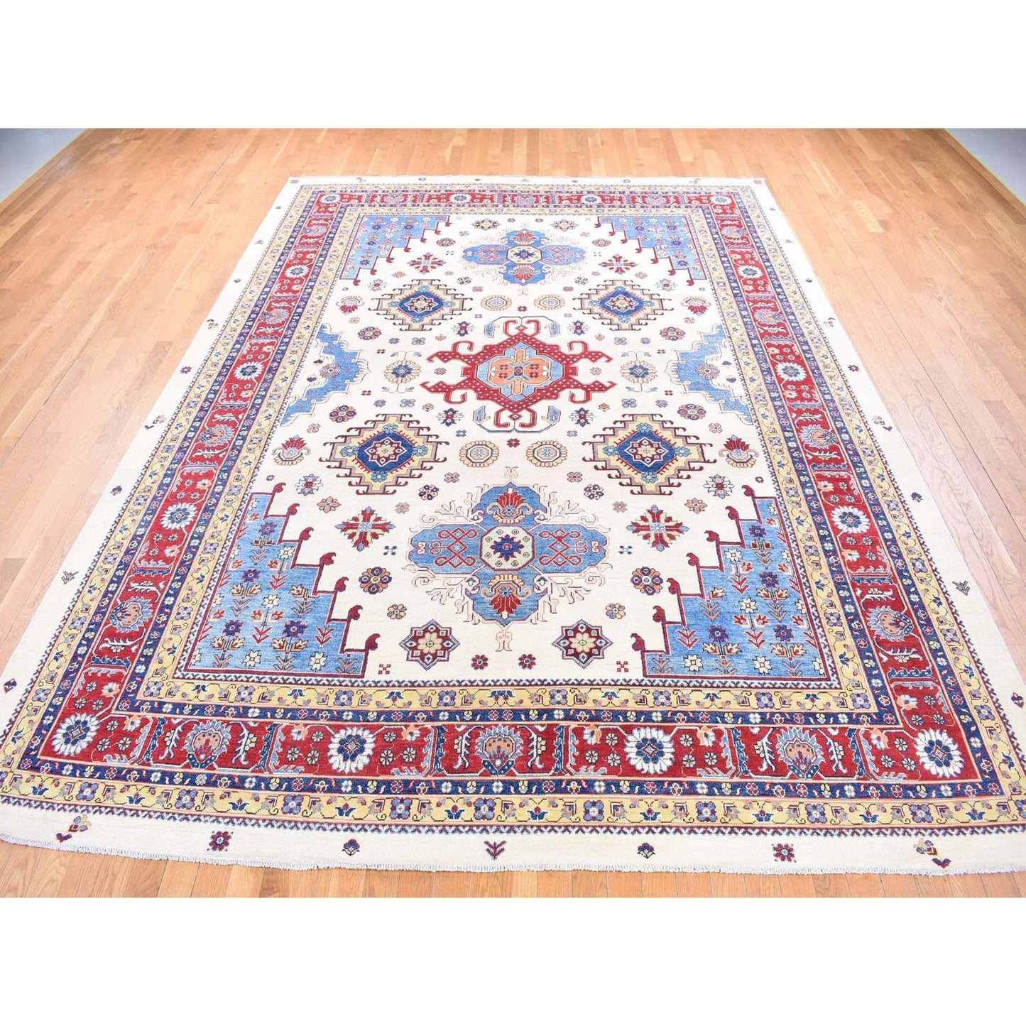 10'X13'3" Ivory Special Kazak With Geometric Design Wool Hand Knotted Rug