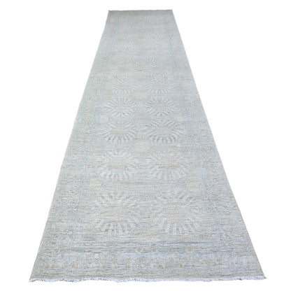 3'8"X15' Gray White Wash Peshawar Wool Hand Knotted Xl Runner Rug