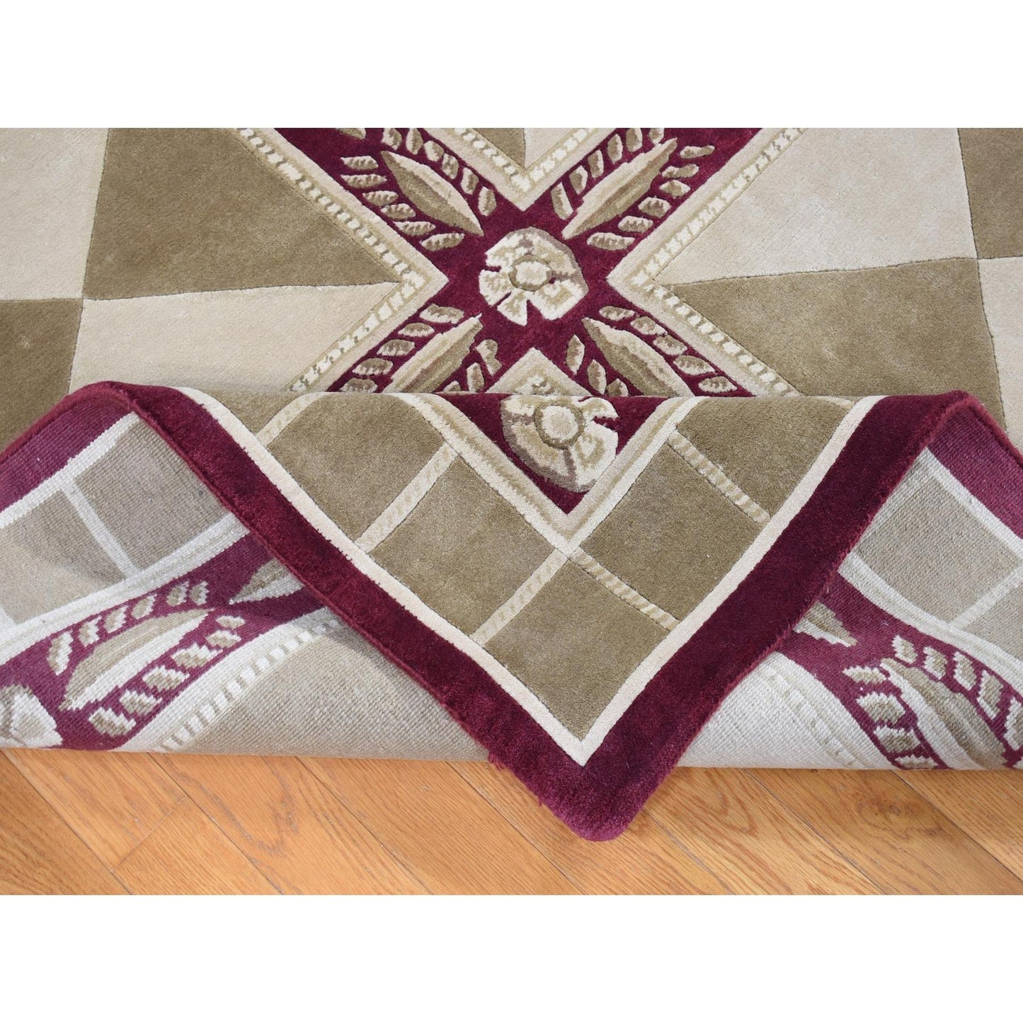 10'X13'9" Ivory Hand Knotted Modern Block Design Pure Wool Rug