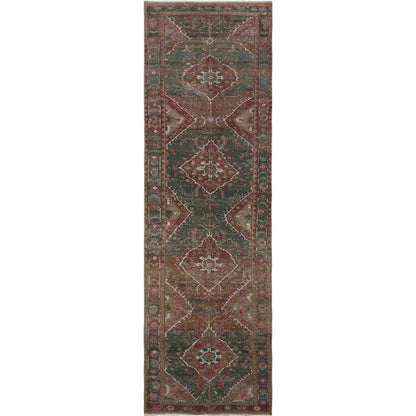 3'7"X12'3" Green Vintage And Worn Down Farsian Heris Handknotted Wool Rug