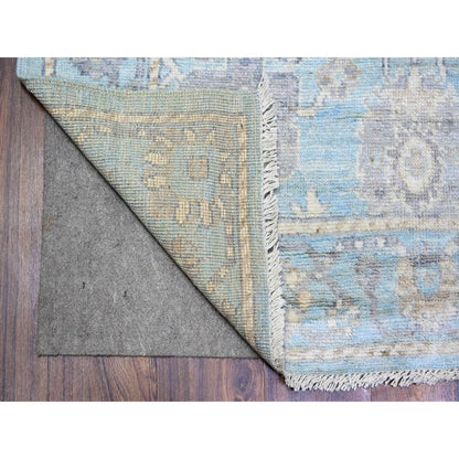 4'X10'1" Cerulean Blue Hand Knotted Afghan Angora Oushak Wool Runner Rug