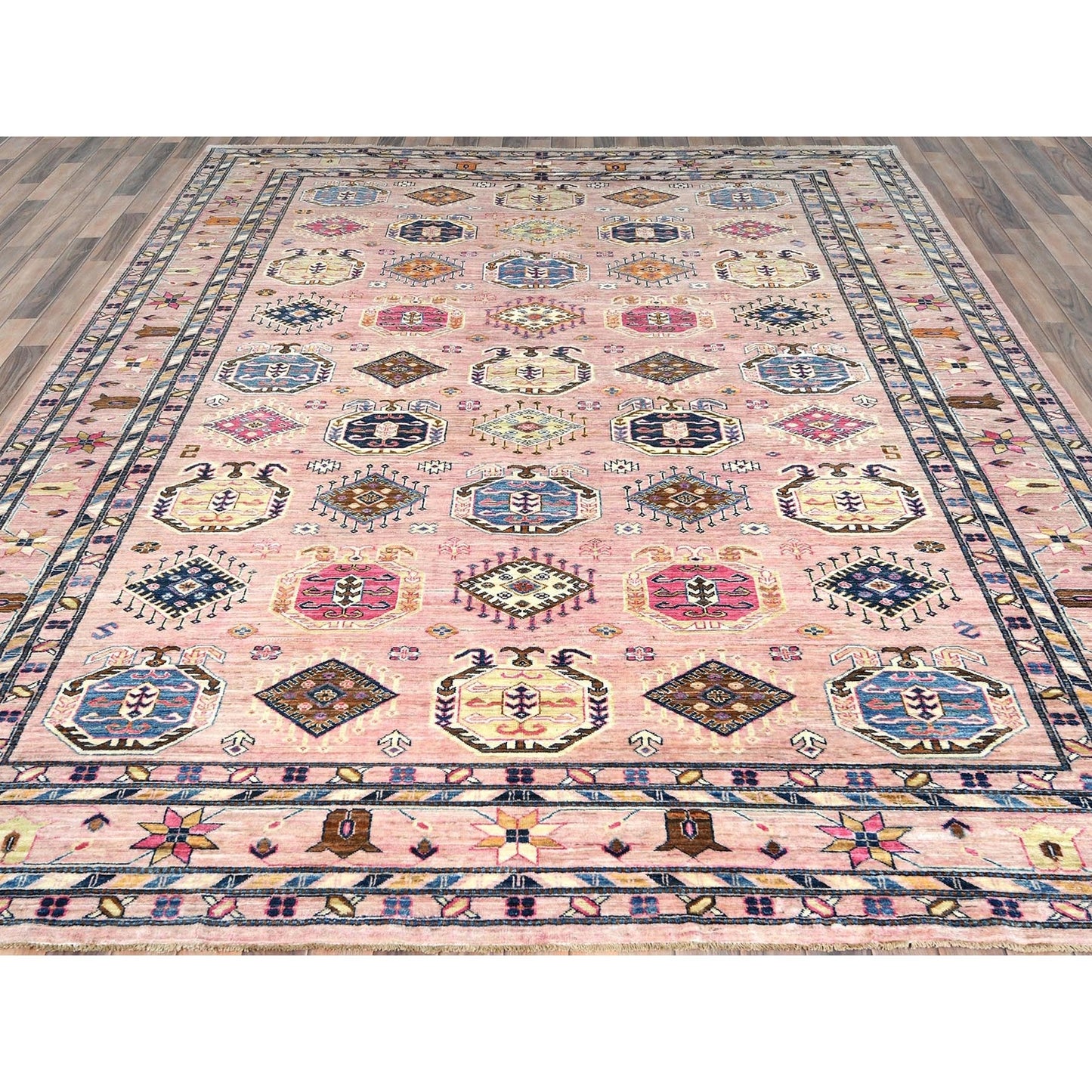 8'10"x12' Blush Pink Organic Wool Hand Knotted Afghan Super Kazak Rug