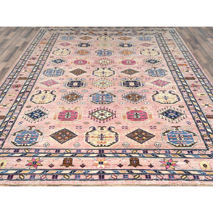 8'10"x12' Blush Pink Organic Wool Hand Knotted Afghan Super Kazak Rug