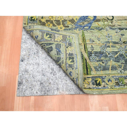 6'1"X9'3" Green Broken And Erased Birds Design Hand Knotted Pure Wool Rug