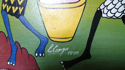 George Lilanga Original Enamel Painting On Board Signed 1990 Tanzanian Art