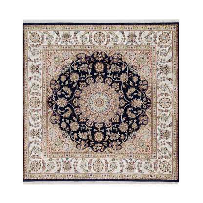 5'X5' Blue Wool And Silk Hand Knotted Nain With Flower Design Square Rug