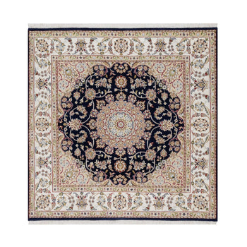 5'X5' Blue Wool And Silk Hand Knotted Nain With Flower Design Square Rug