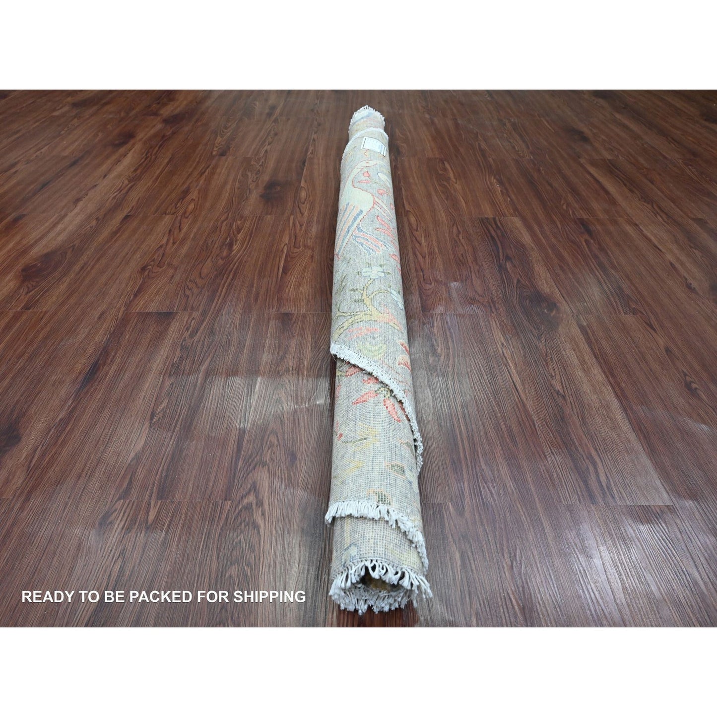 Gray Birds of Paradise Design Hand Knotted Soft Wool Round Rug 5'8"x5'8