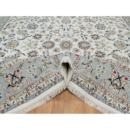 10'2"X10'2" White Nain Flower Motif Wool And Silk Hand Knotted Square Rug