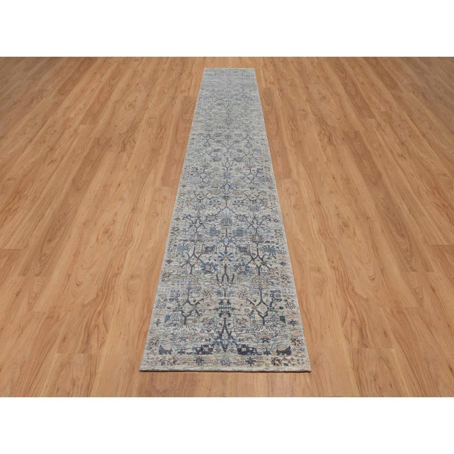 2'7'X15'9" White Hand Knotted Sickle Leaf Design Silk & Wool Runner Rug