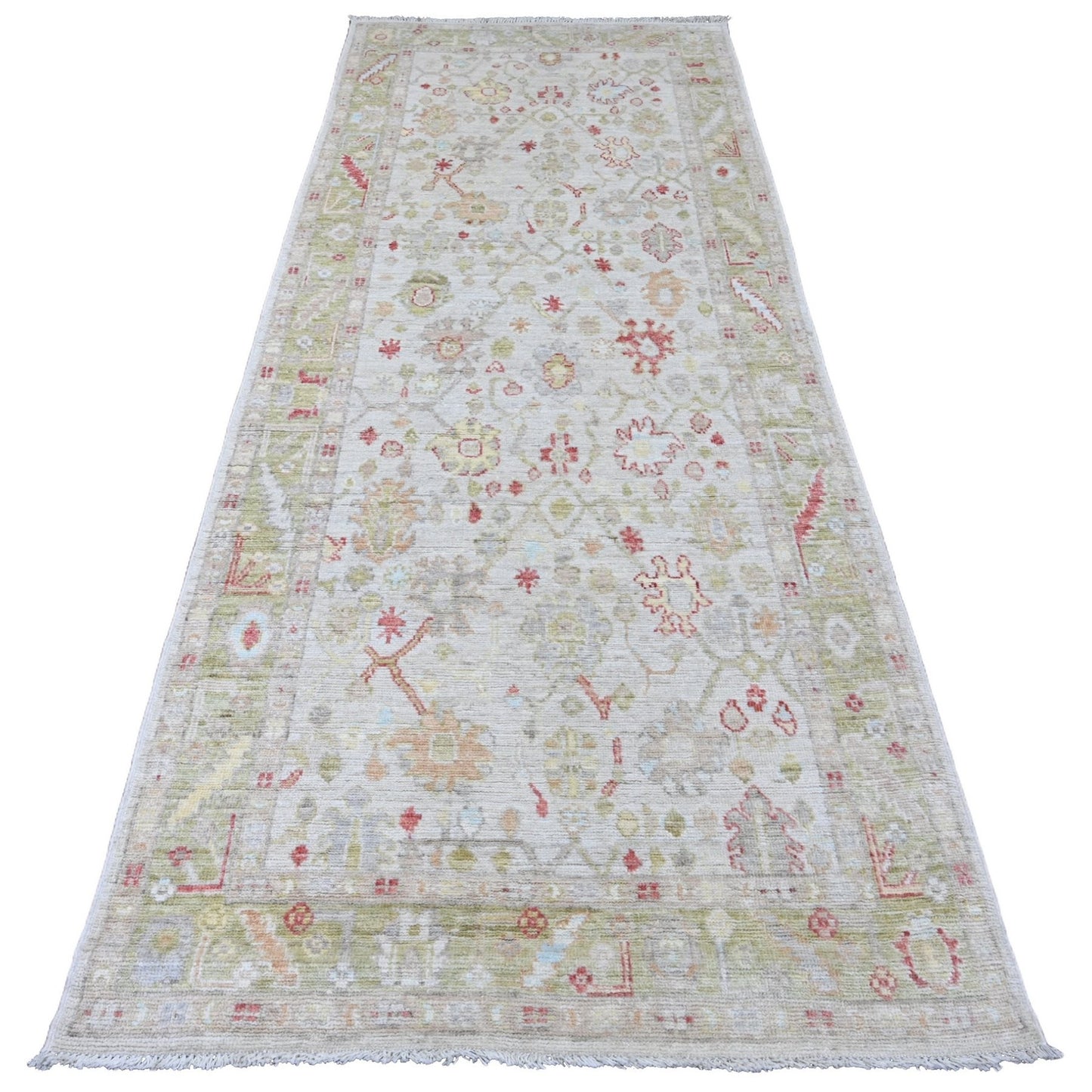 4'X9'10" White Hand Knotted Angora Oushak Floral Pattern Wool Runner Rug