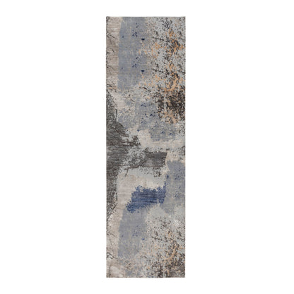 2'9"X9'8" Gray Abstract Design Wool And Silk Runner Hand Knotted Rug