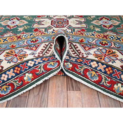 6'1"X9'2" Green Kazak Motifs Hand Knotted Denser Weave Wool Oriental Rug