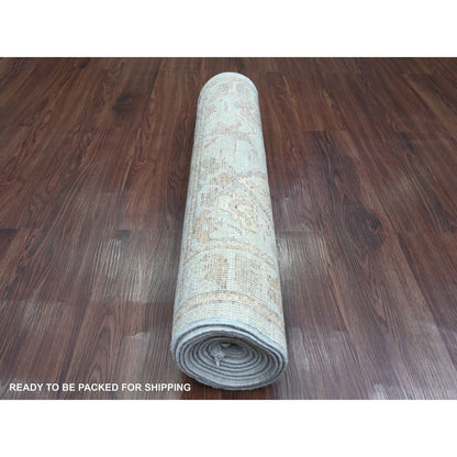 2'10"X9'10" Blue Pure Wool Afghan Angora Oushak Hand Knotted Runner Rug