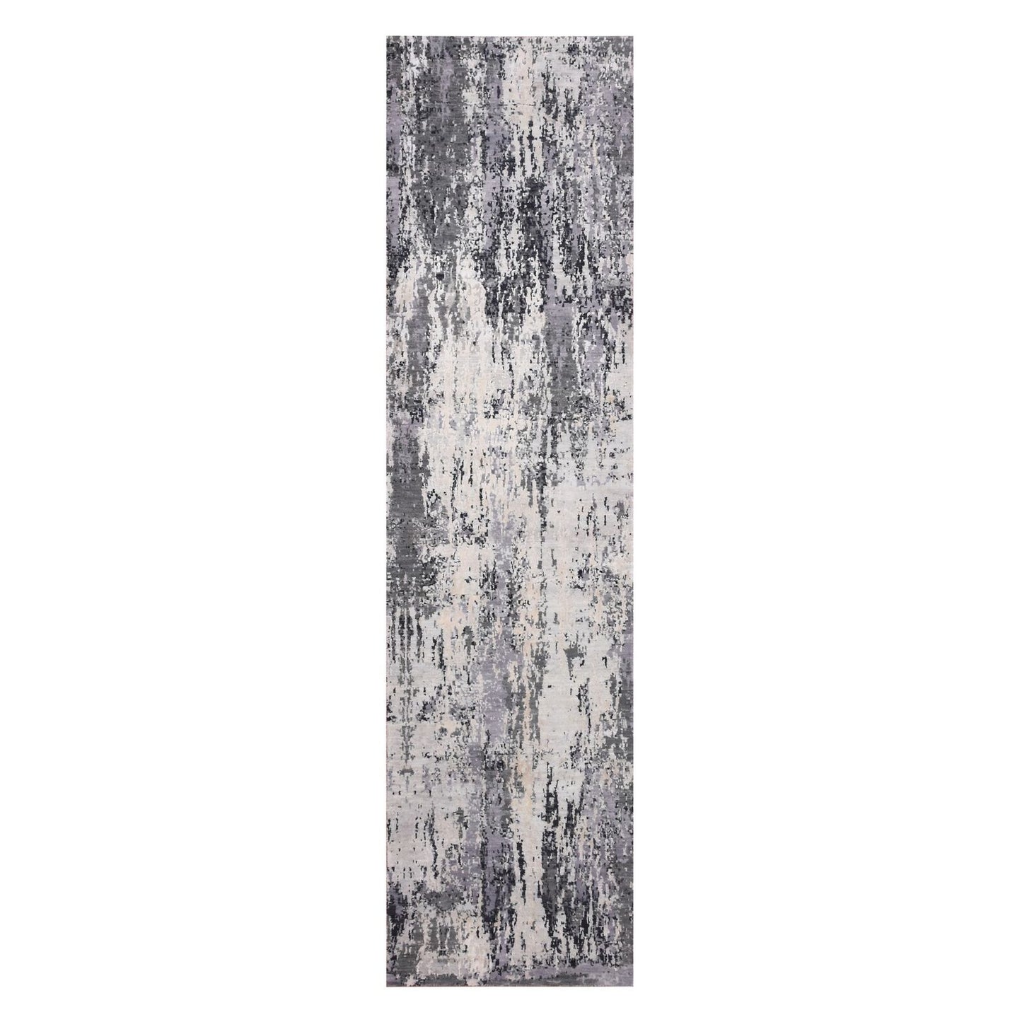 2'7"X10'3" Gray Wool And Silk Denser Weave Hand Knotted Runner Rug