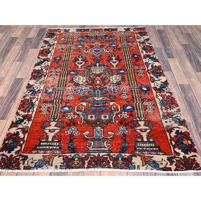 4'X5'10" Bullseye Red Old Zoroastrian Bakhtiari Soft Wool Oriental Rug