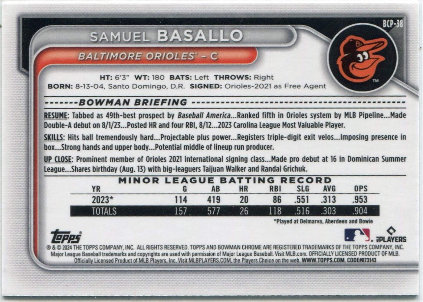 Samuel Basallo 2024 Bowman Chrome Prospects Gold Refractor Card #Bcp-38 23/50