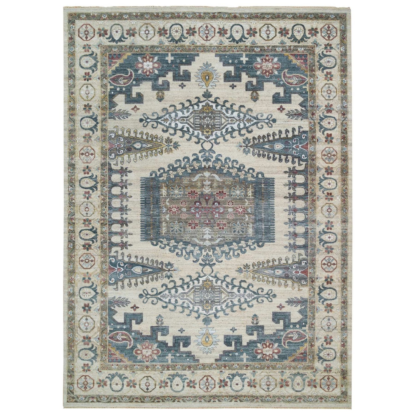 10'X14' Ivory Hand Knotted Reimagined Viss Design 100% Wool Oriental Rug