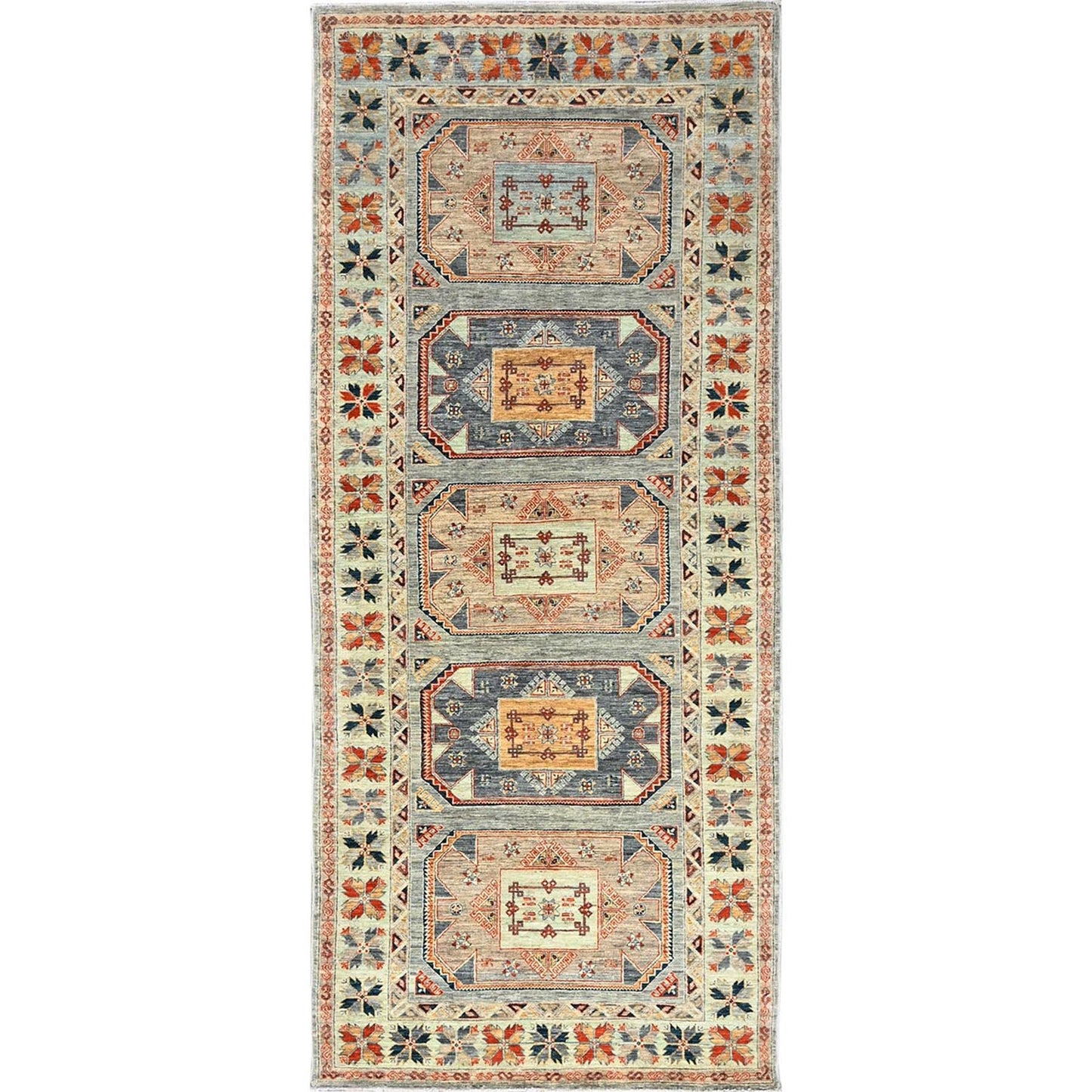 4'X9'5" Light Green Caucasian Design Soft Wool Hand Knotted Runner Rug