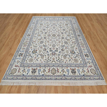 7'10"X10'3" Ivory Nain With Flower Pattern Wool And Silk Hand Knotted Rug