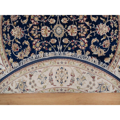 5'X5' Navy Nain With Flower Design Wool And Silk Hand Knotted Round Rug