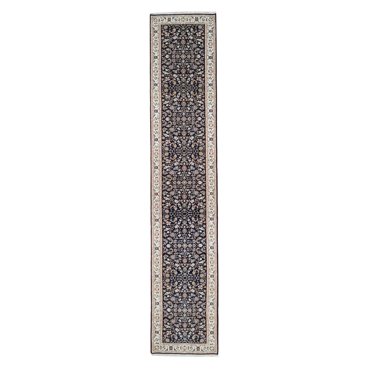 2'9"X14' Midnight Blue Nain Flower Design Wool Hand Knotted Runner Rug