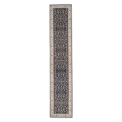 2'9"X14' Midnight Blue Nain Flower Design Wool Hand Knotted Runner Rug
