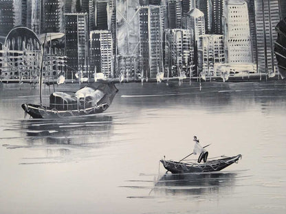 W Chan - Hong Kong Victoria Harbour Original Painting Oil On Canvas Signed