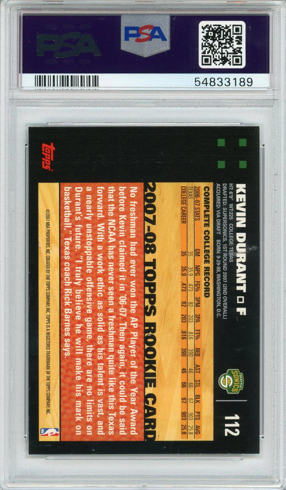 Kevin Durant 2007-08 Topps Black Border #112 Psa Nm-Mt 8 Rc