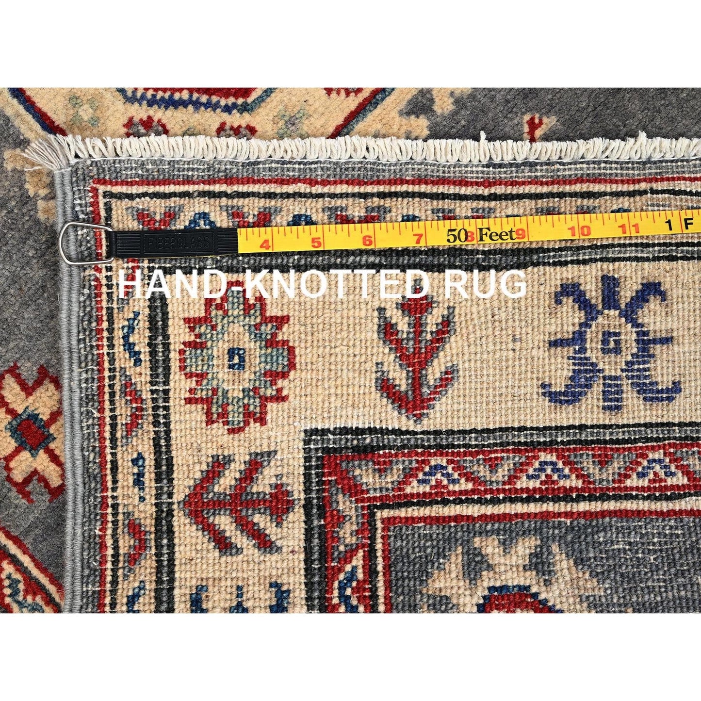 3'X18'7" Gray Kazak With Geometric Design Hand Knotted Rug Wool Runner