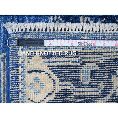2'9"X19'8" Blue Hand Knotted Angora Oushak Leaf Design Wool Runner Rug
