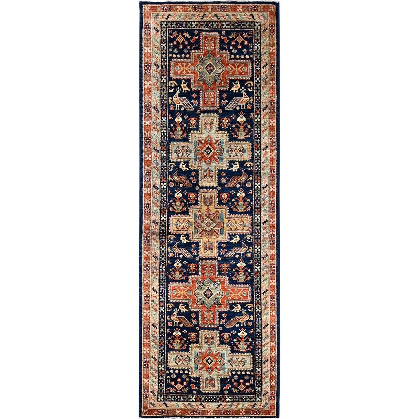 2'7"X8' Sailor Blue Caucasian Design Hand Knotted Soft Wool Runner Rug