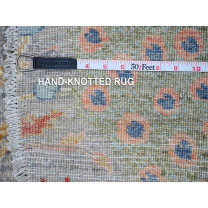 5'X5' Daphne Gray Hand Knotted Peshawar Birds Of Paradise Wool Round Rug