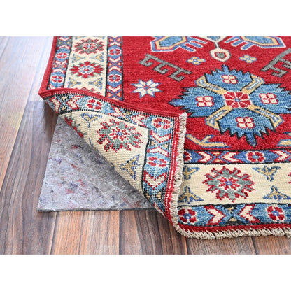 2'9"X4' Berry Red Kazak With Tribal Design Hand Knotted Soft Wool Mat Rug