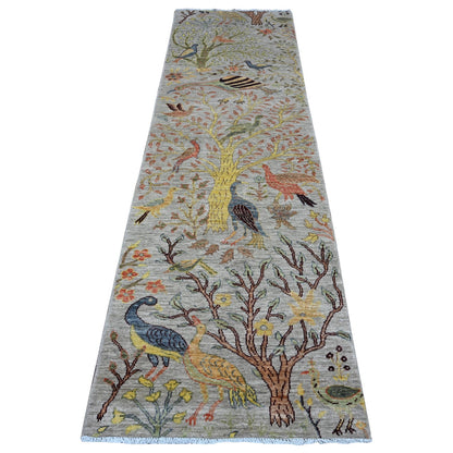 2'9"X9'8" Gray Peshawar Birds Paradise Hand Knotted Runner Oriental Rug