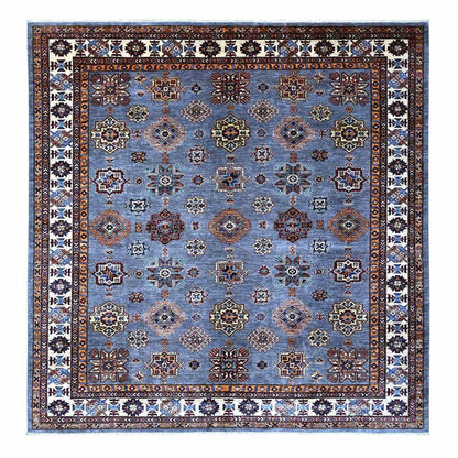 10'X10' Gray Hand Knotted Super Kazak Wool Medallions Oriental Square Rug