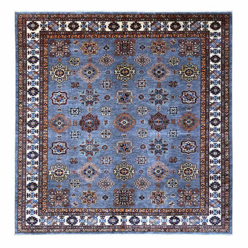 10'X10' Gray Hand Knotted Super Kazak Wool Medallions Oriental Square Rug