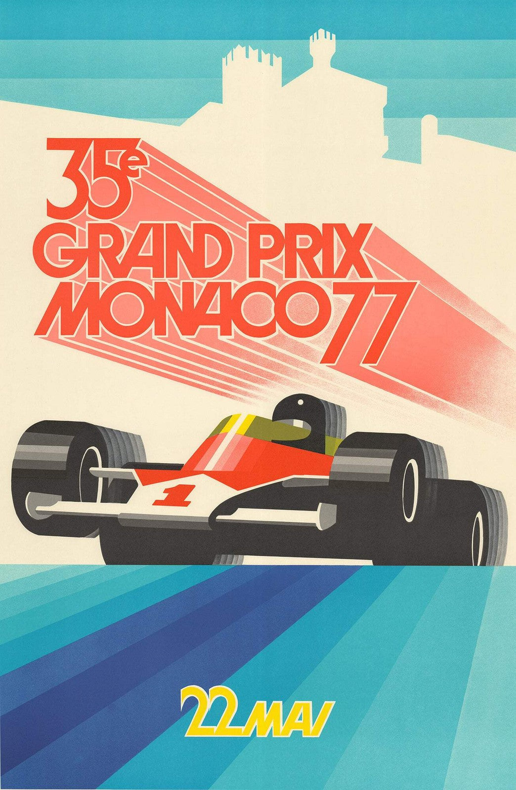 ROLAND HUGON Monaco Grand Prix 1977 39.5" x 26.75" Lithograph 1990 Vintage Blue