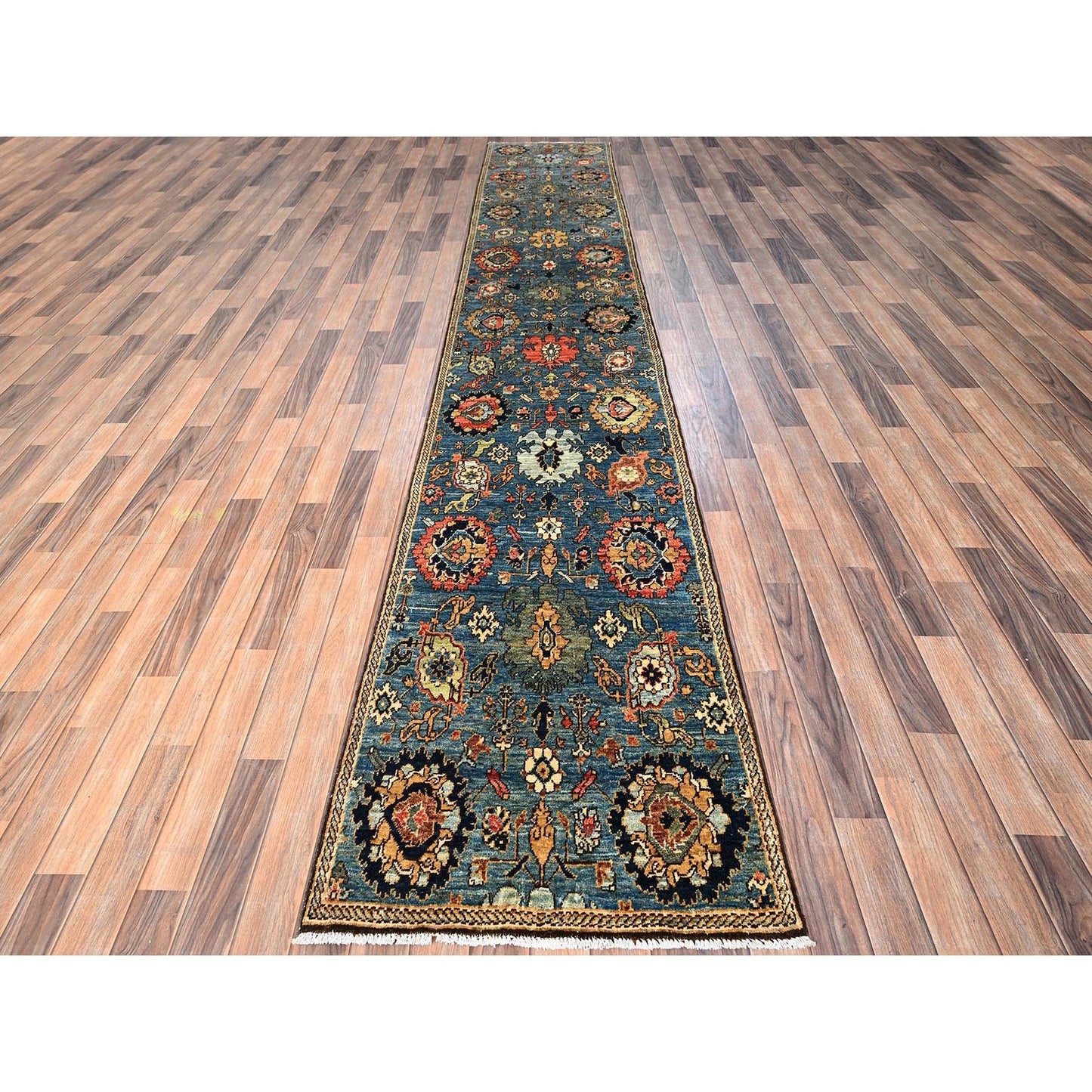 2'7"X14'7" Blue Northwest Zoroastrian Design Wool Hand Knotted Runner Rug