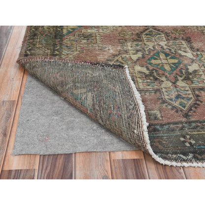 3'9"X12'8" Brown Hand Knotted Vintage Farsian Worn Wool Runner Rug