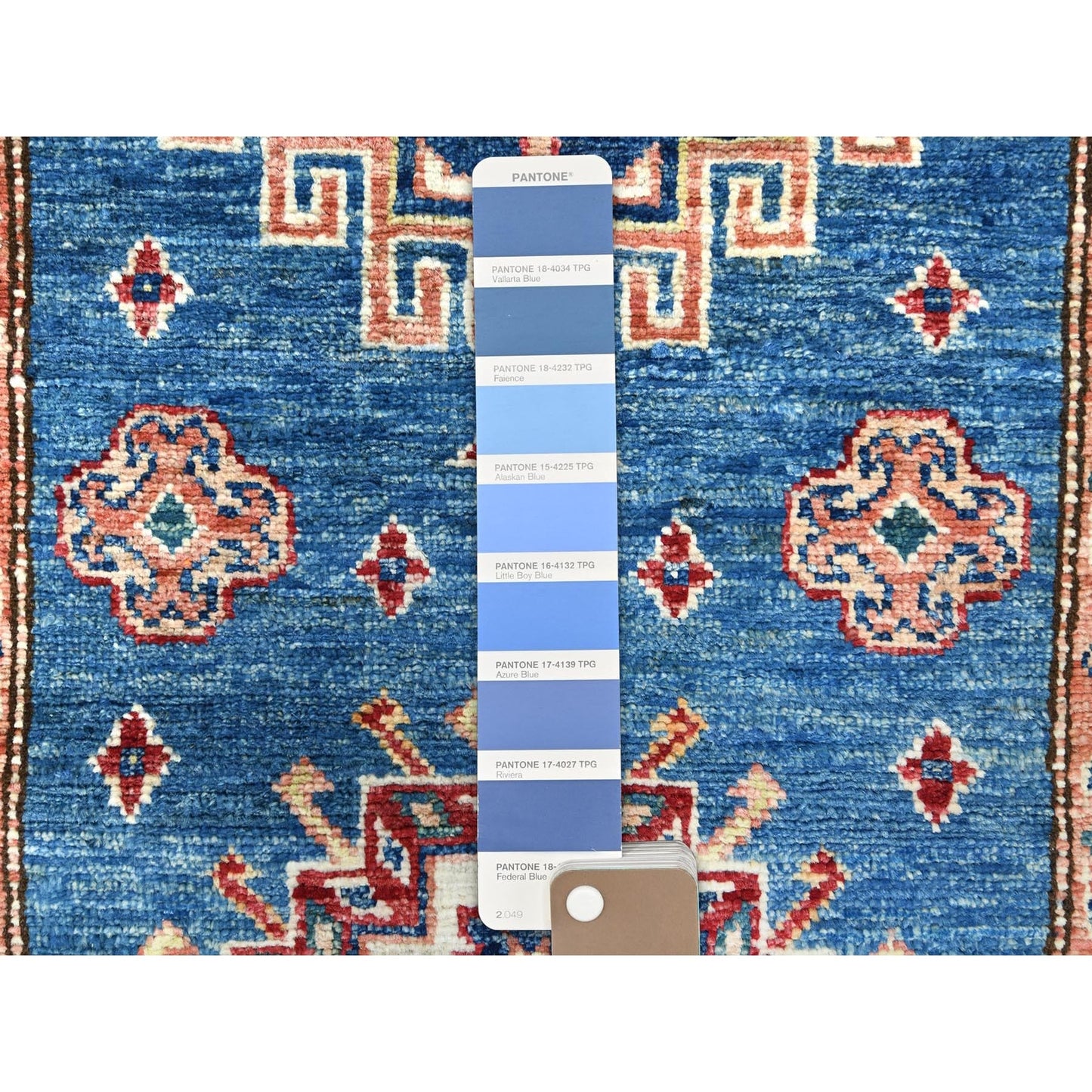 Blue wool afghan super kazak rug hand knotted blue soft 2'6"x33'6" runner.